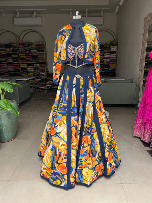 Navy Blue Floral Printed Lehenga Set with Embroidered Blouse and Jacket