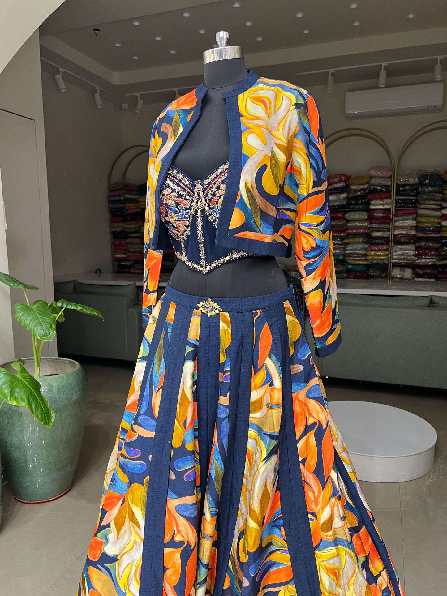 Navy Blue Floral Printed Lehenga Set with Embroidered Blouse and Jacket