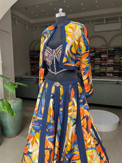 Navy Blue Floral Printed Lehenga Set with Embroidered Blouse and Jacket