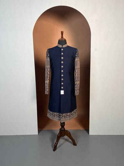 Navy Blue Indo-Western with Detailed Beige Embroidered Sleeves