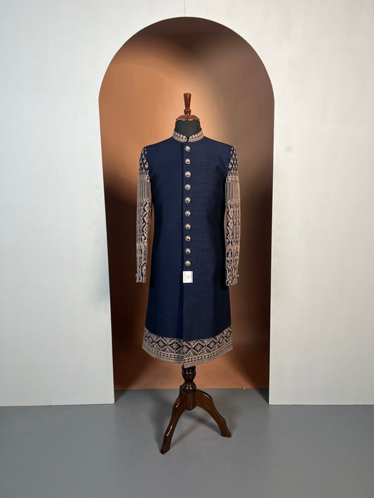 Navy Blue Indo-Western with Detailed Beige Embroidered Sleeves