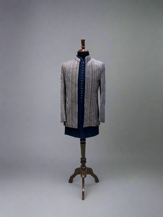 Navy Blue Indo-Western with Multicolor Vertical Sequin Embroidery
