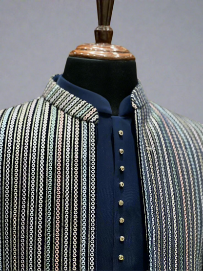 Navy Blue Indo-Western with Multicolor Vertical Sequin Embroidery