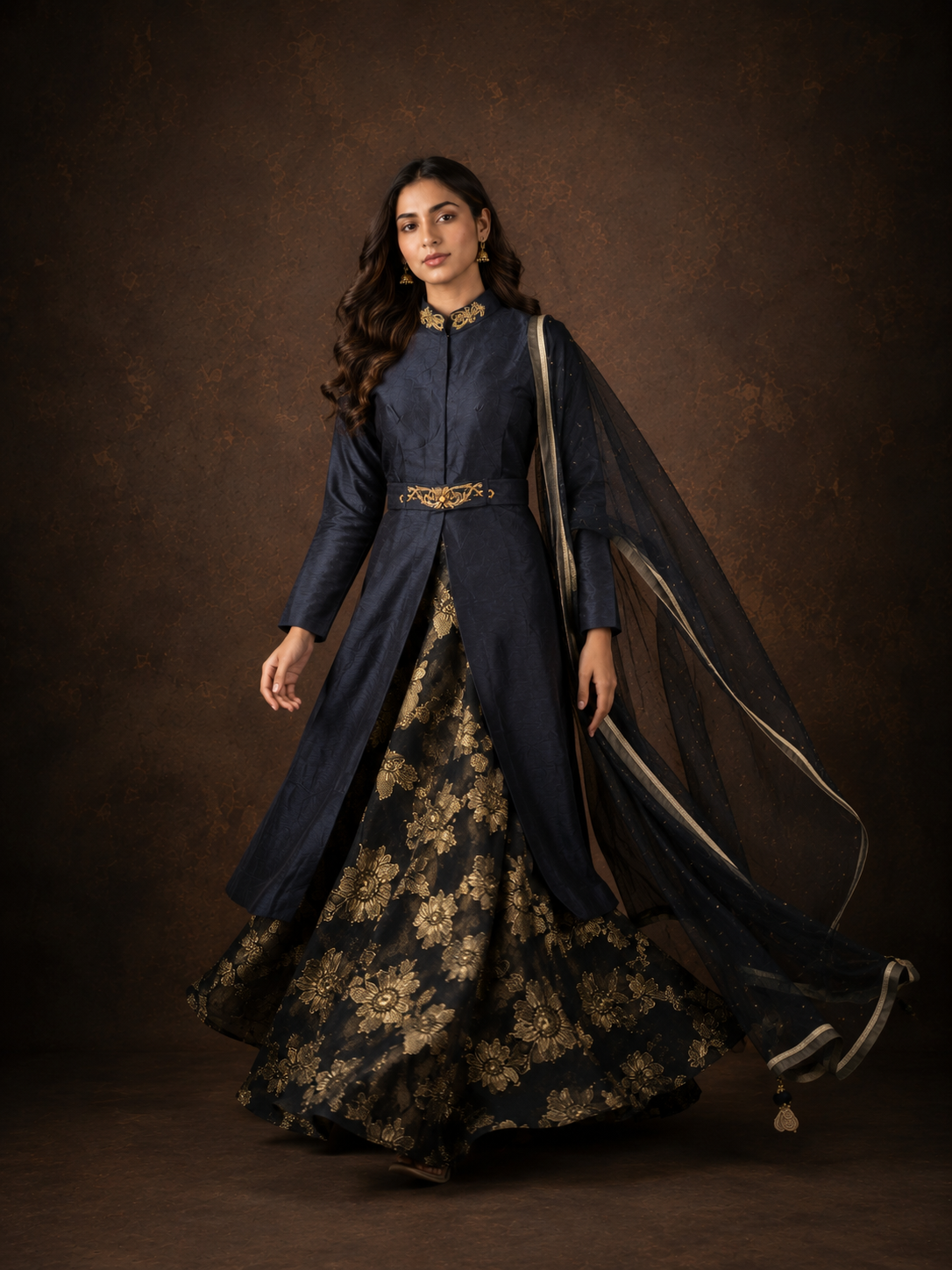 Navy Blue Indo Western Lehenga Set with Gold Floral Brocade Work