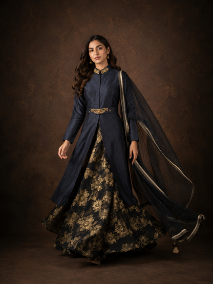 Navy Blue Indo Western Lehenga Set with Gold Floral Brocade Work