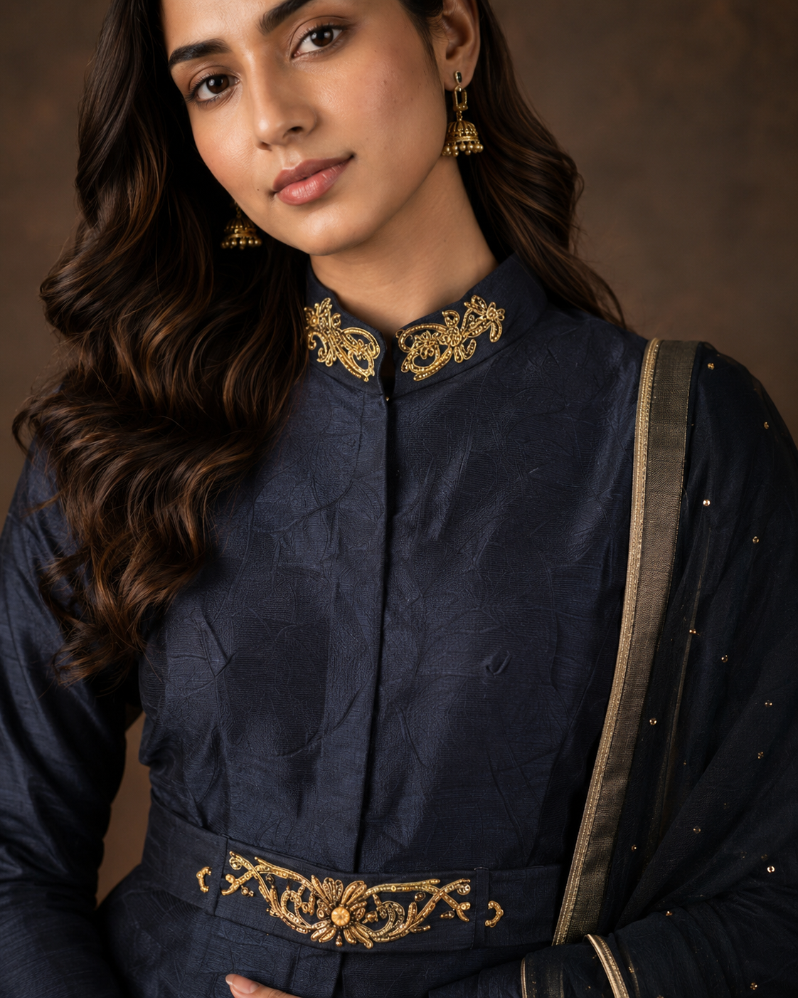 Navy Blue Indo Western Lehenga Set with Gold Floral Brocade Work