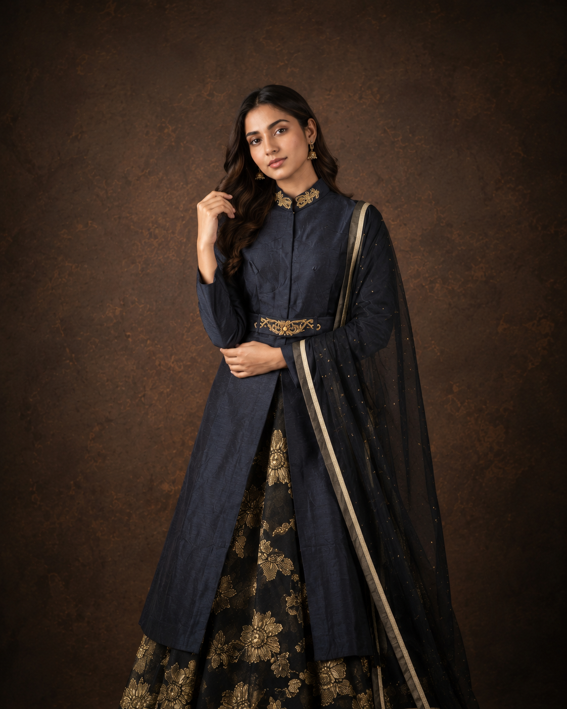 Navy Blue Indo Western Lehenga Set with Gold Floral Brocade Work