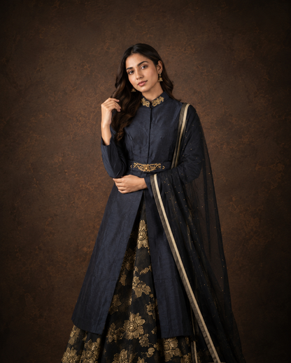 Navy Blue Indo Western Lehenga Set with Gold Floral Brocade Work