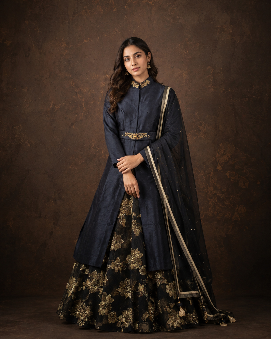 Navy Blue Indo Western Lehenga Set with Gold Floral Brocade Work