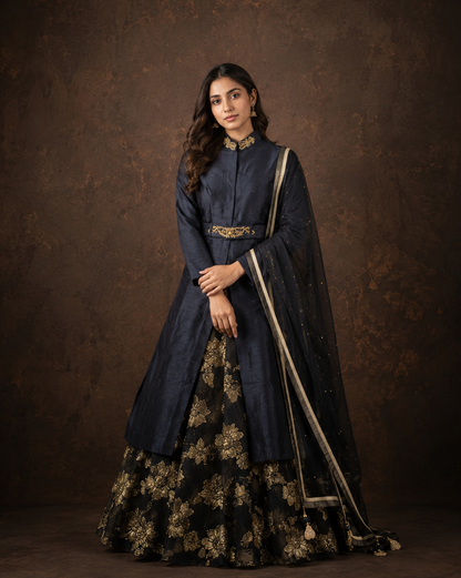 Navy Blue Indo Western Lehenga Set with Gold Floral Brocade Work