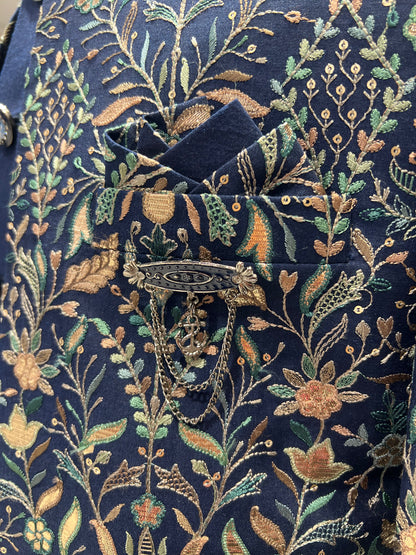 Navy Blue Indowestern Set With Hand Work