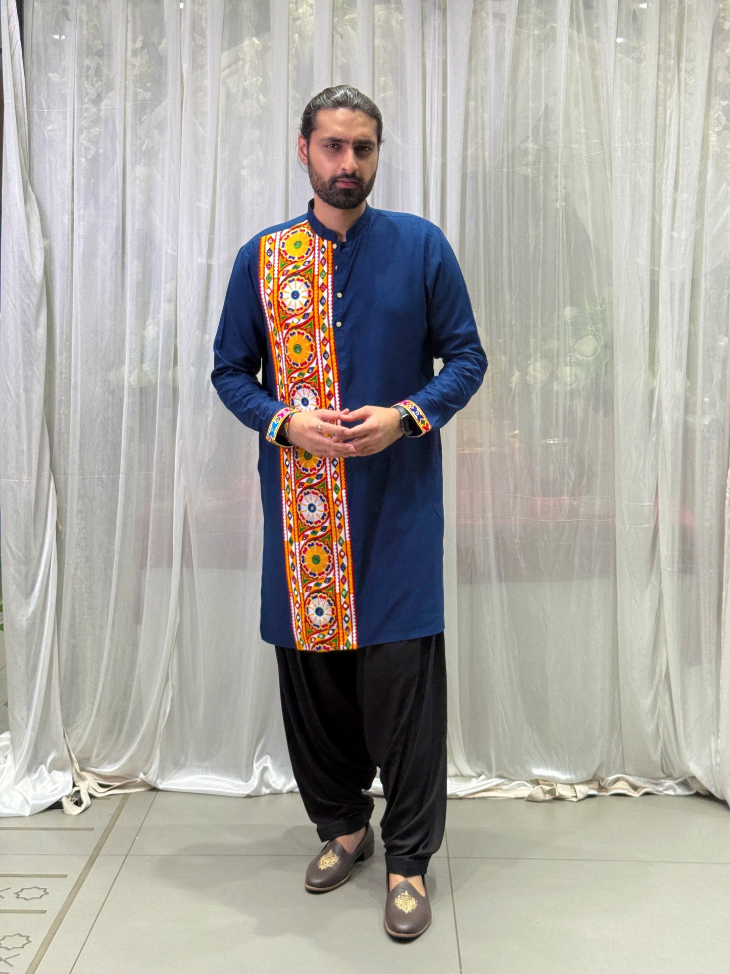 Navy Blue Kutchi Embroidered Cotton Kurta
