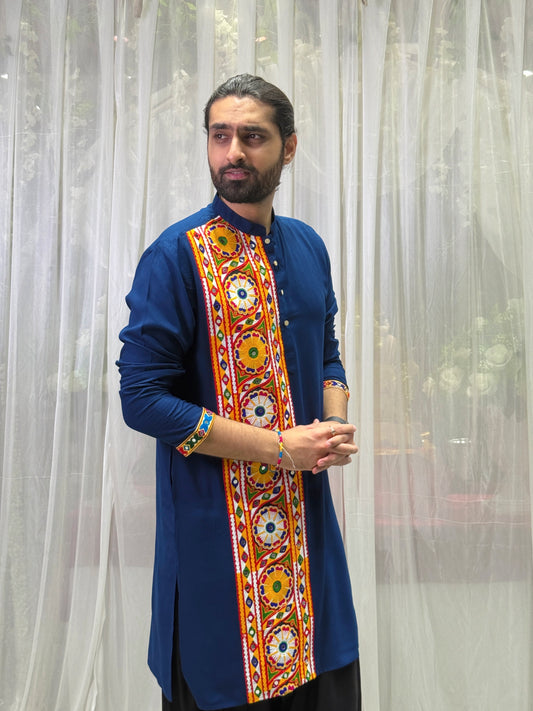 Navy Blue Kutchi Embroidered Cotton Kurta