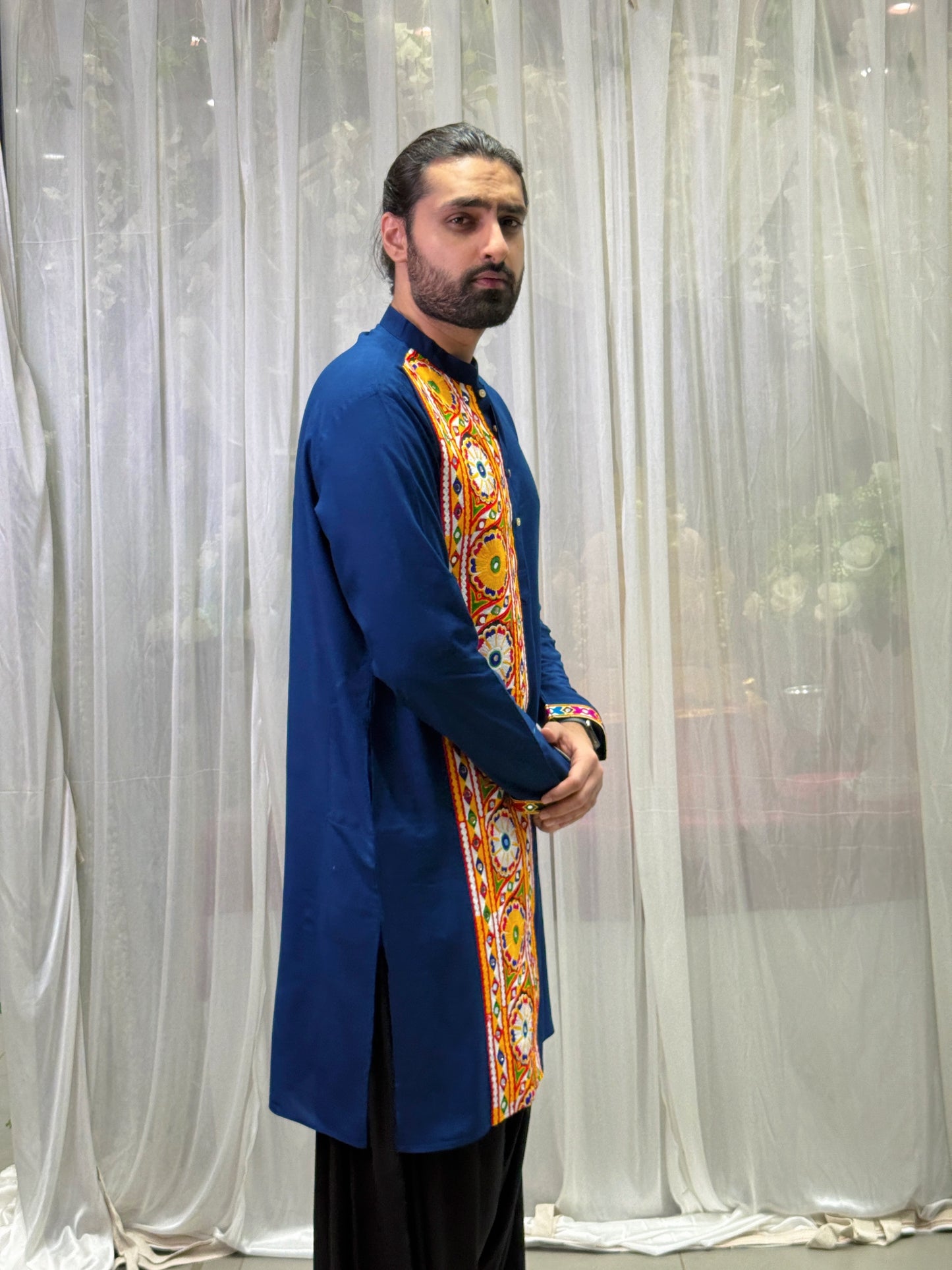 Navy Blue Kutchi Embroidered Cotton Kurta