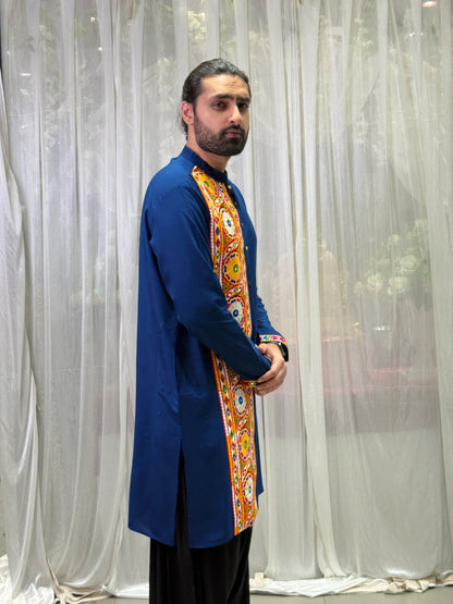 Navy Blue Kutchi Embroidered Cotton Kurta