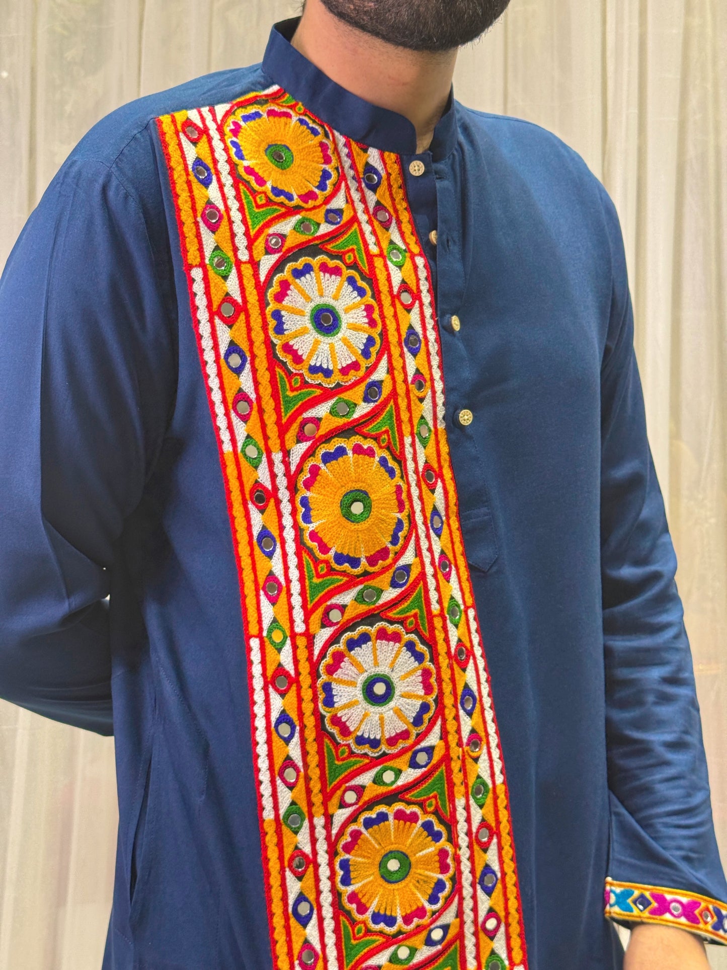 Navy Blue Kutchi Embroidered Cotton Kurta