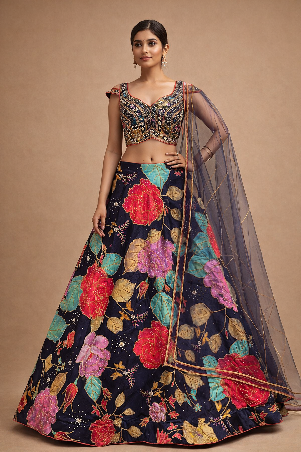 Navy Blue Multicolor Floral Embroidered Designer Lehenga Choli with Mirror Work Blouse & Net Dupatta