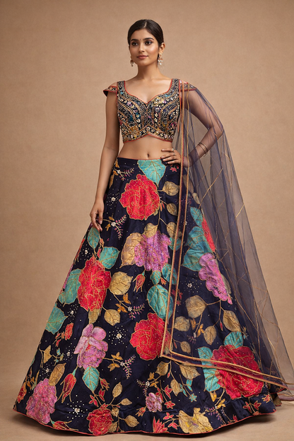 Navy Blue Multicolor Floral Embroidered Designer Lehenga Choli with Mirror Work Blouse & Net Dupatta