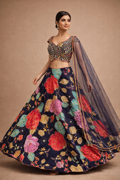 Navy Blue Multicolor Floral Embroidered Designer Lehenga Choli with Mirror Work Blouse & Net Dupatta