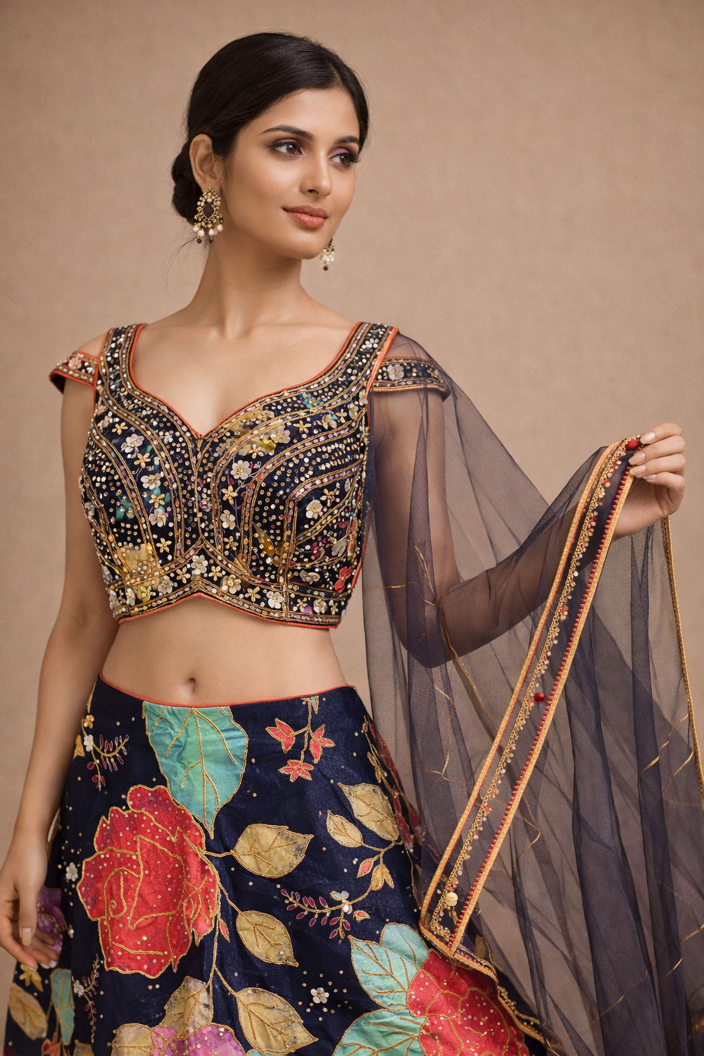 Navy Blue Multicolor Floral Embroidered Designer Lehenga Choli with Mirror Work Blouse & Net Dupatta