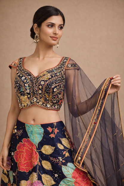 Navy Blue Multicolor Floral Embroidered Designer Lehenga Choli with Mirror Work Blouse & Net Dupatta