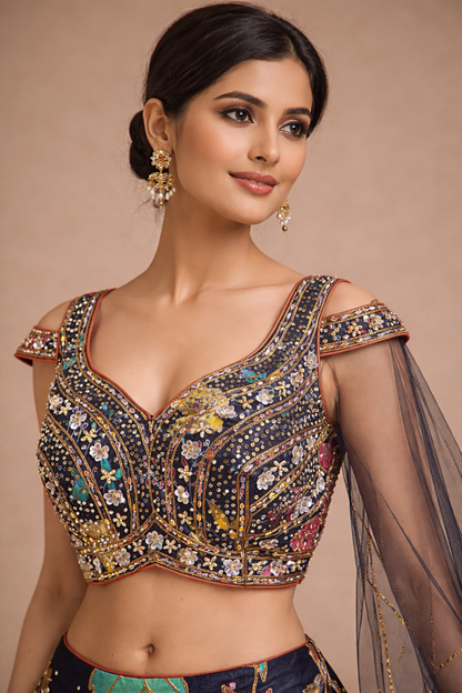 Navy Blue Multicolor Floral Embroidered Designer Lehenga Choli with Mirror Work Blouse & Net Dupatta