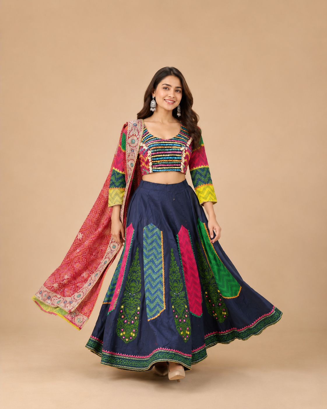 Navy Blue Multicolor Gujarati Navratri Chaniya Choli with Mirror Work