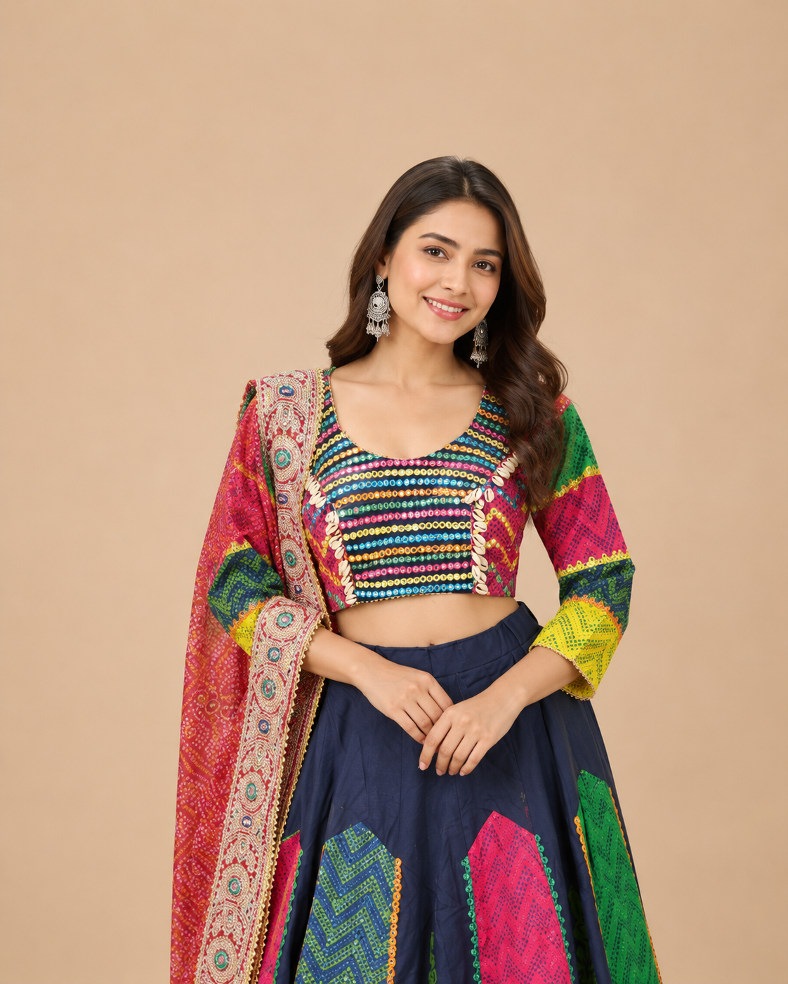 Navy Blue Multicolor Gujarati Navratri Chaniya Choli with Mirror Work