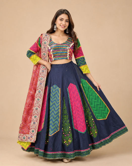 Navy Blue Multicolor Gujarati Navratri Chaniya Choli with Mirror Work