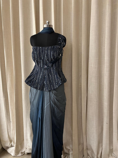 Navy Blue Ombre Drape Gown with Sequined Corset Blouse