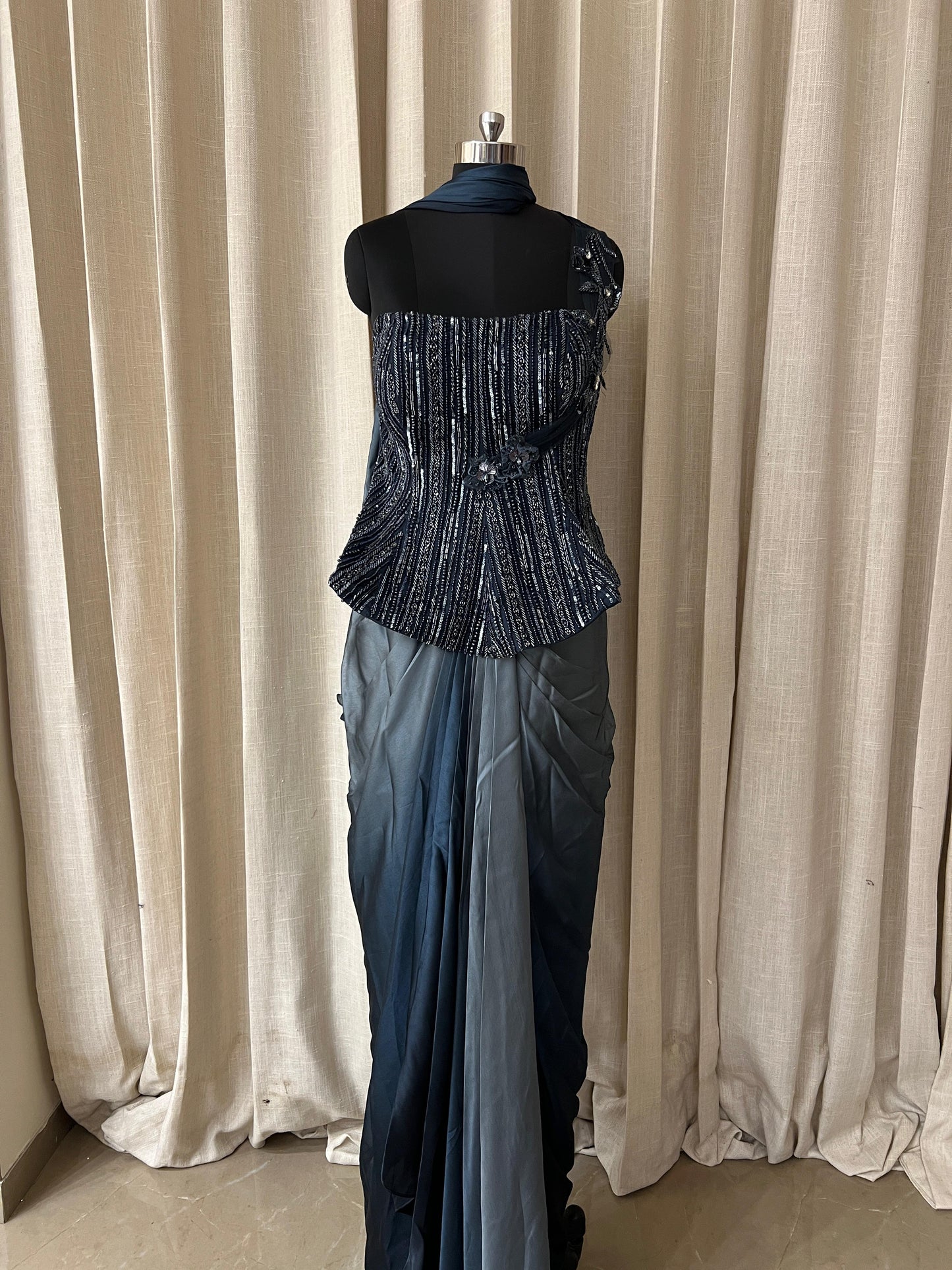 Navy Blue Ombre Drape Gown with Sequined Corset Blouse