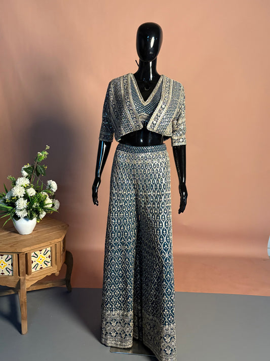 Navy Blue Printed Palazzo Set with Mirror Work Crop Top