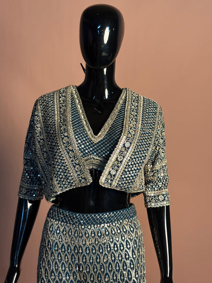 Navy Blue Printed Palazzo Set with Mirror Work Crop Top