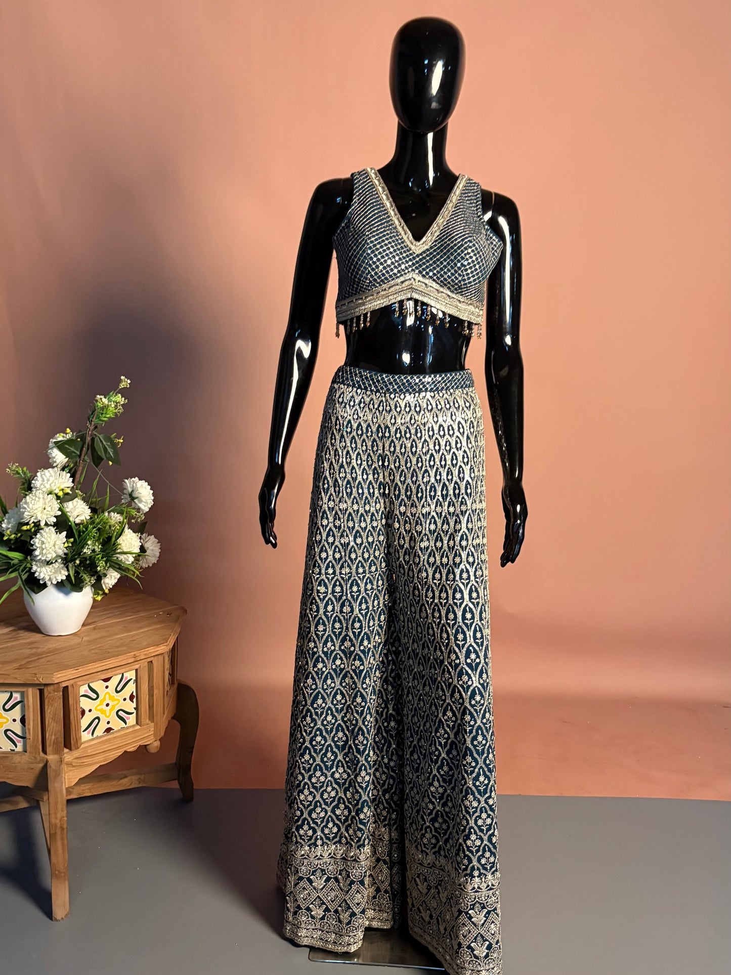 Navy Blue Printed Palazzo Set with Mirror Work Crop Top