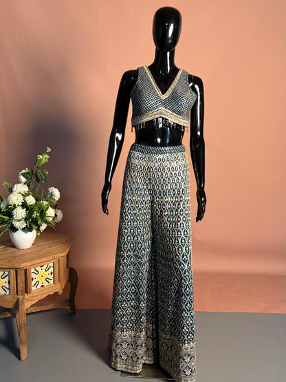 Navy Blue Printed Palazzo Set with Mirror Work Crop Top