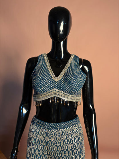 Navy Blue Printed Palazzo Set with Mirror Work Crop Top