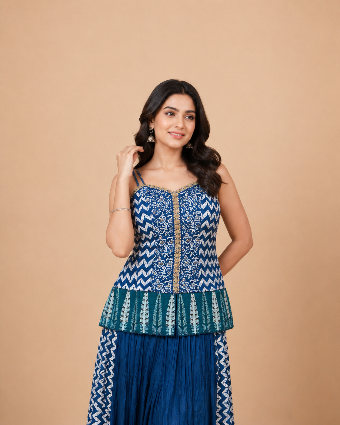 Navy Blue Printed Palazzo Set with Zigzag Pattern and Gold Embroidered Designer Top