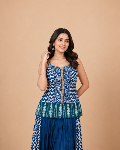 Navy Blue Printed Palazzo Set with Zigzag Pattern and Gold Embroidered Designer Top