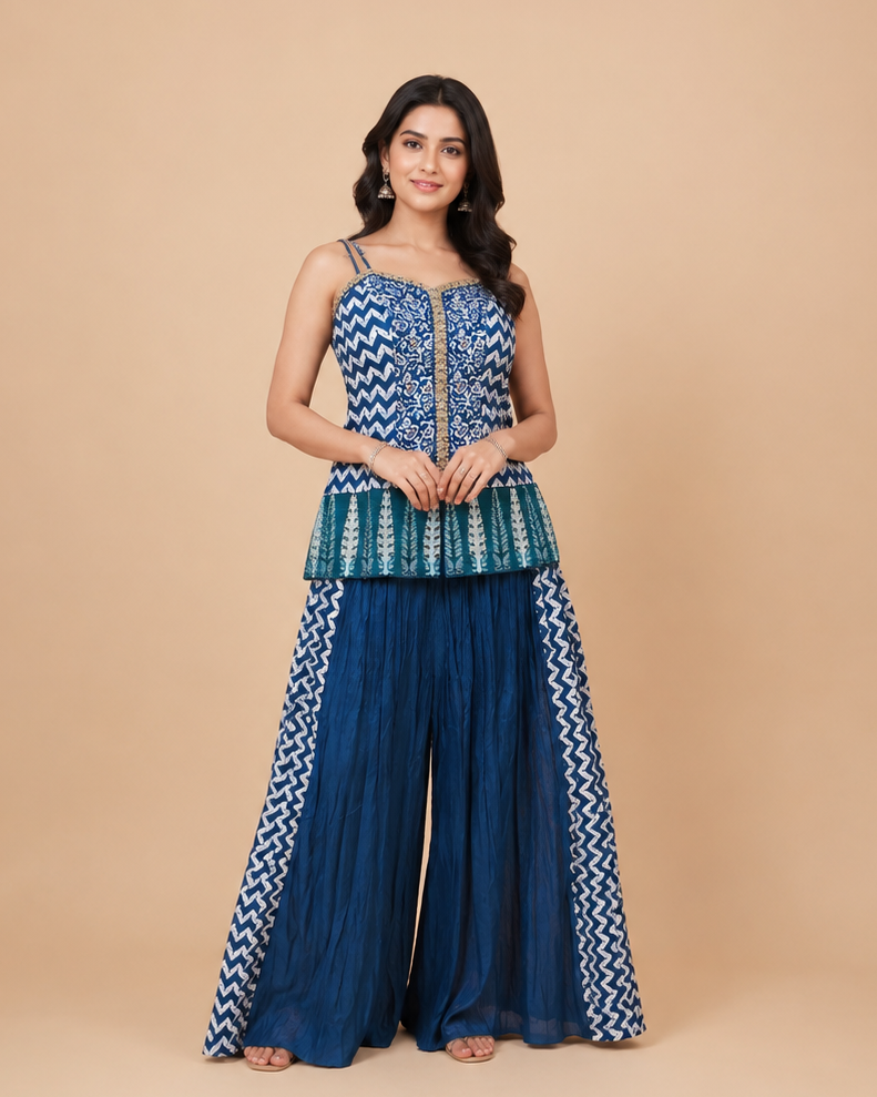 Navy Blue Printed Palazzo Set with Zigzag Pattern and Gold Embroidered Designer Top
