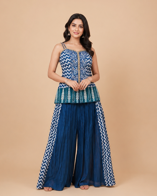 Navy Blue Printed Palazzo Set with Zigzag Pattern and Gold Embroidered Designer Top