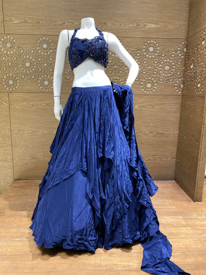 Navy Blue Satin Draped Designer Lehenga Choli