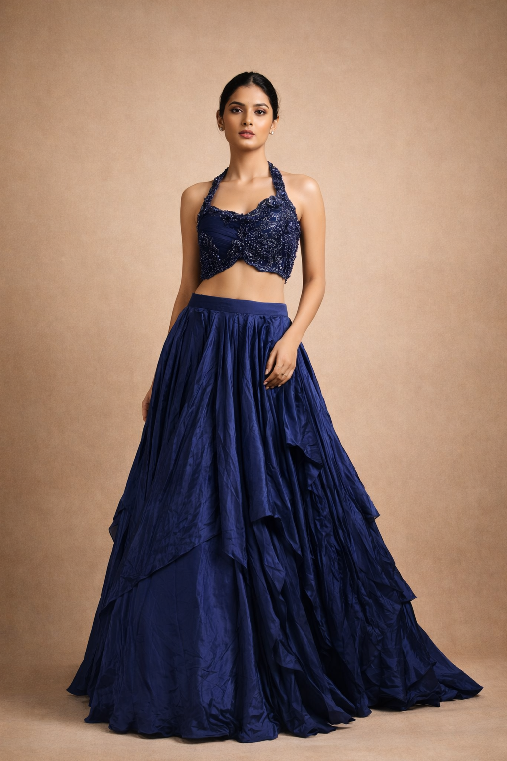 Navy Blue Satin Draped Designer Lehenga Choli
