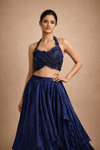 Navy Blue Satin Draped Designer Lehenga Choli