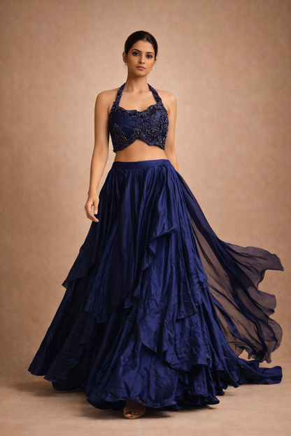 Navy Blue Satin Draped Designer Lehenga Choli