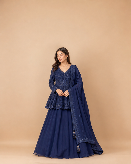 Navy Blue Sequins Work Peplum Lehenga Choli with Soft Net Dupatta