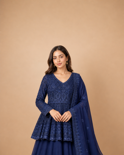 Navy Blue Sequins Work Peplum Lehenga Choli with Soft Net Dupatta