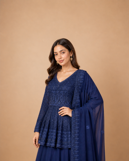 Navy Blue Sequins Work Peplum Lehenga Choli with Soft Net Dupatta