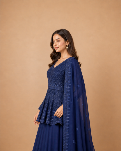 Navy Blue Sequins Work Peplum Lehenga Choli with Soft Net Dupatta