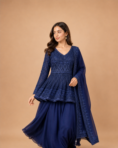 Navy Blue Sequins Work Peplum Lehenga Choli with Soft Net Dupatta