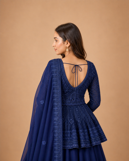Navy Blue Sequins Work Peplum Lehenga Choli with Soft Net Dupatta